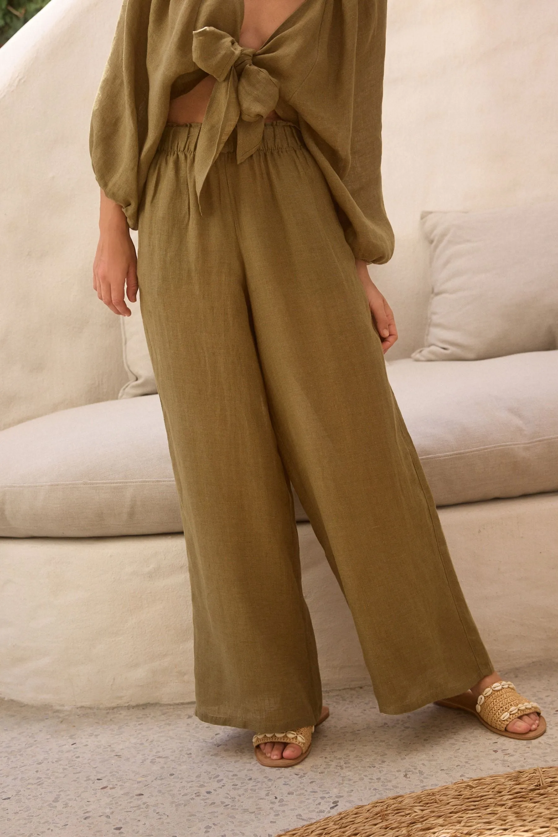 100% Lino Premium Pantaloni A Gamba Larga    