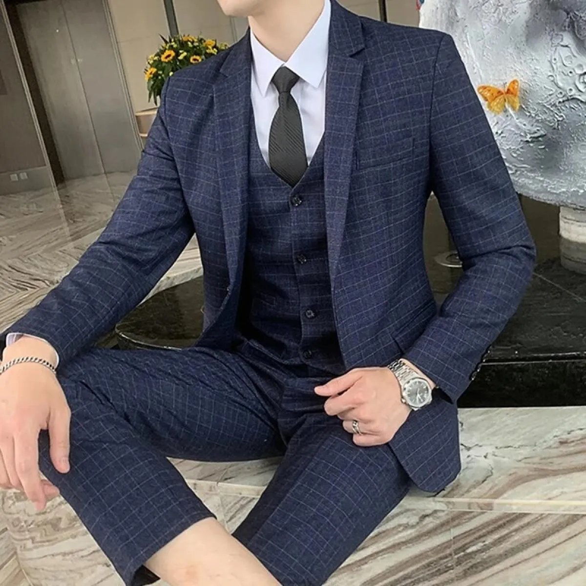 2022 nuovi uomini di moda Casual Boutique Business Plaid Slim Fit Suit Blazer Giacca Pantaloni Gilet Maschile 3 pezzi Cappotto v