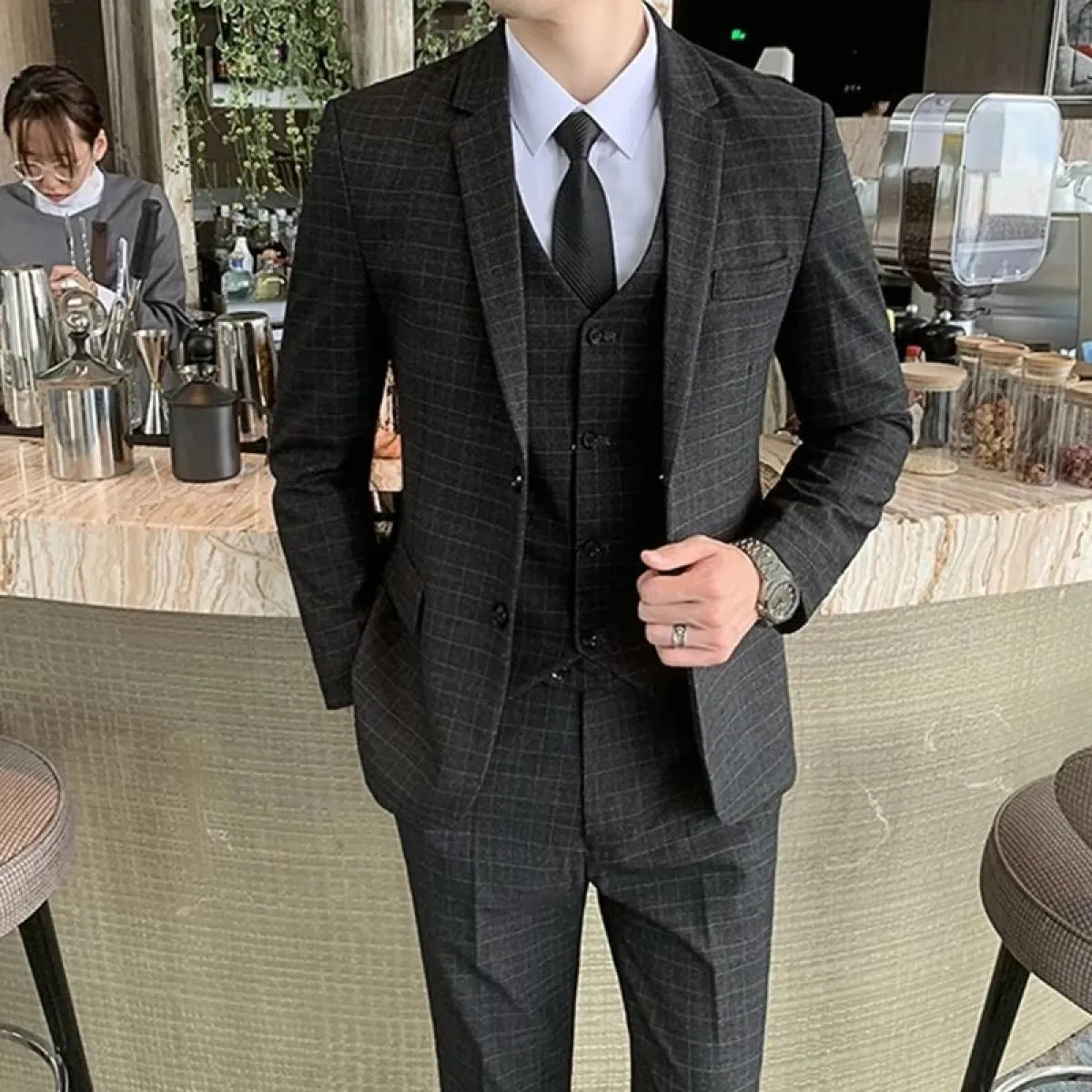 2022 nuovi uomini di moda Casual Boutique Business Plaid Slim Fit Suit Blazer Giacca Pantaloni Gilet Maschile 3 pezzi Cappotto v