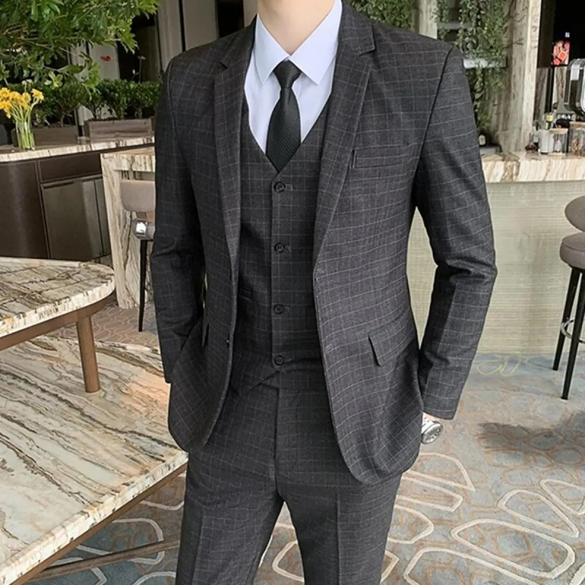 2022 nuovi uomini di moda Casual Boutique Business Plaid Slim Fit Suit Blazer Giacca Pantaloni Gilet Maschile 3 pezzi Cappotto v
