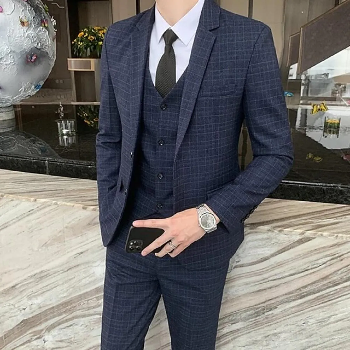 2022 nuovi uomini di moda Casual Boutique Business Plaid Slim Fit Suit Blazer Giacca Pantaloni Gilet Maschile 3 pezzi Cappotto v