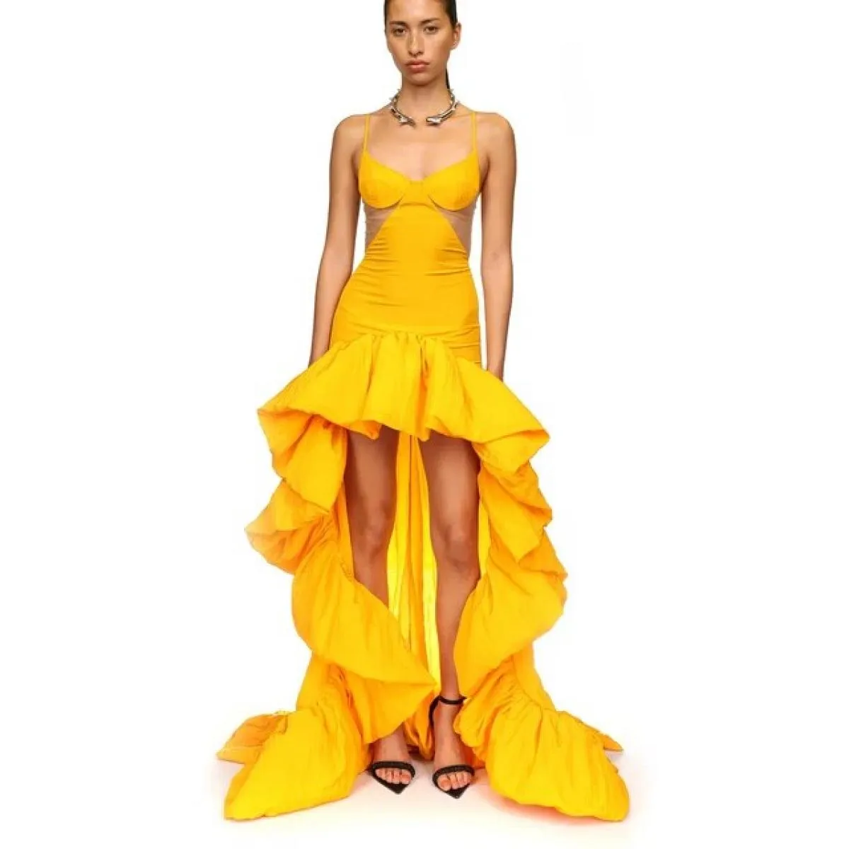 2024 Nuovo abito formale alto basso in taffettà arruffato Oro giallo senza spalline Abiti da festa di gala Evento Abito per occa