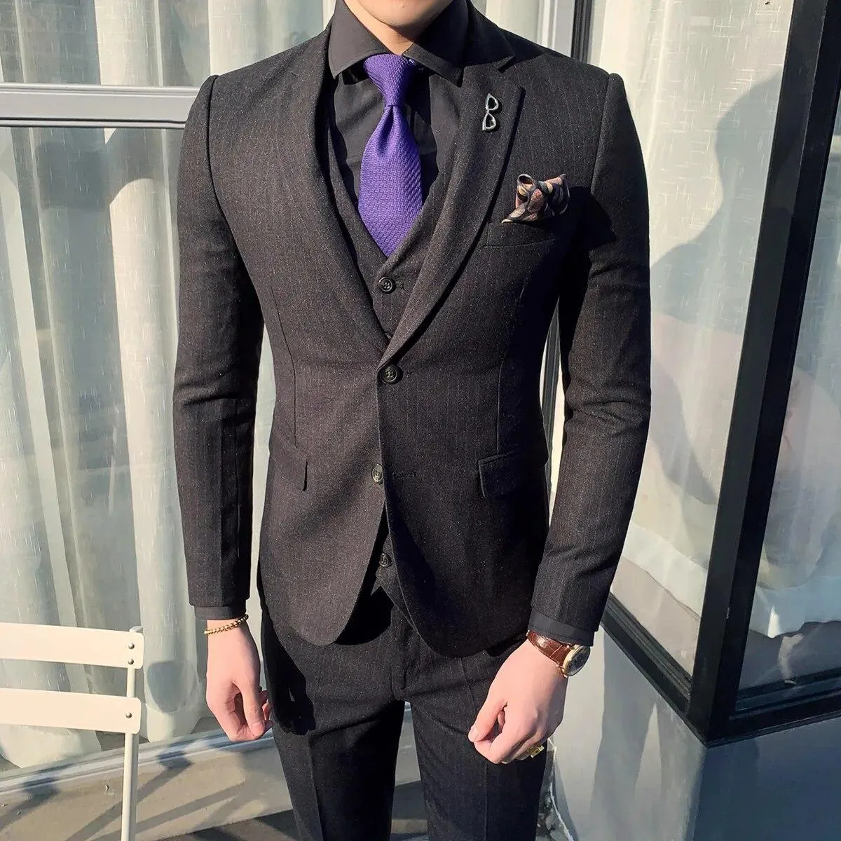3 pezzi giacca pantalone gilet uomo casual abiti da lavoro a righe nuovi vestiti abito da sposo sposo slim fit blazer da lavoro