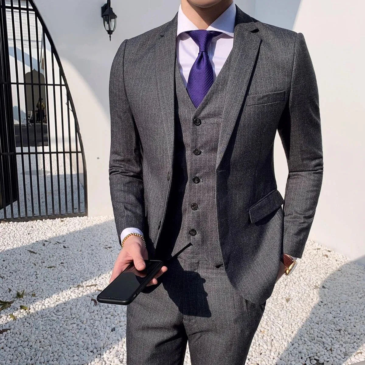 3 pezzi giacca pantalone gilet uomo casual abiti da lavoro a righe nuovi vestiti abito da sposo sposo slim fit blazer da lavoro