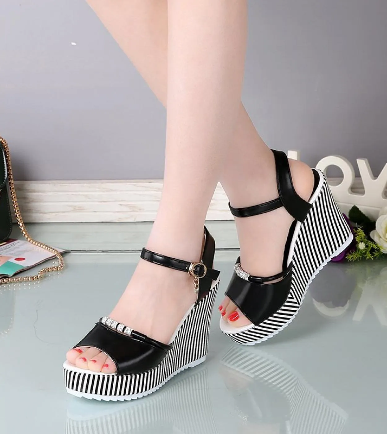 3540 Scarpe da donna con tacco alto e spesso Sandali con zeppa con plateau Abito estivo da donna Sandali con bocca di pesce Scar
