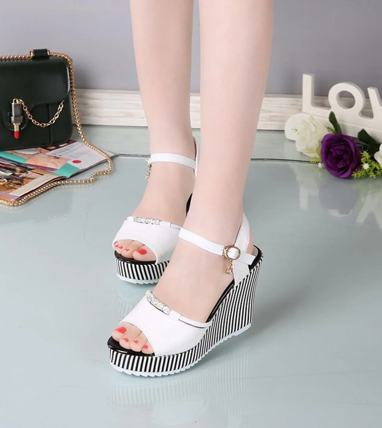 3540 Scarpe da donna con tacco alto e spesso Sandali con zeppa con plateau Abito estivo da donna Sandali con bocca di pesce Scar