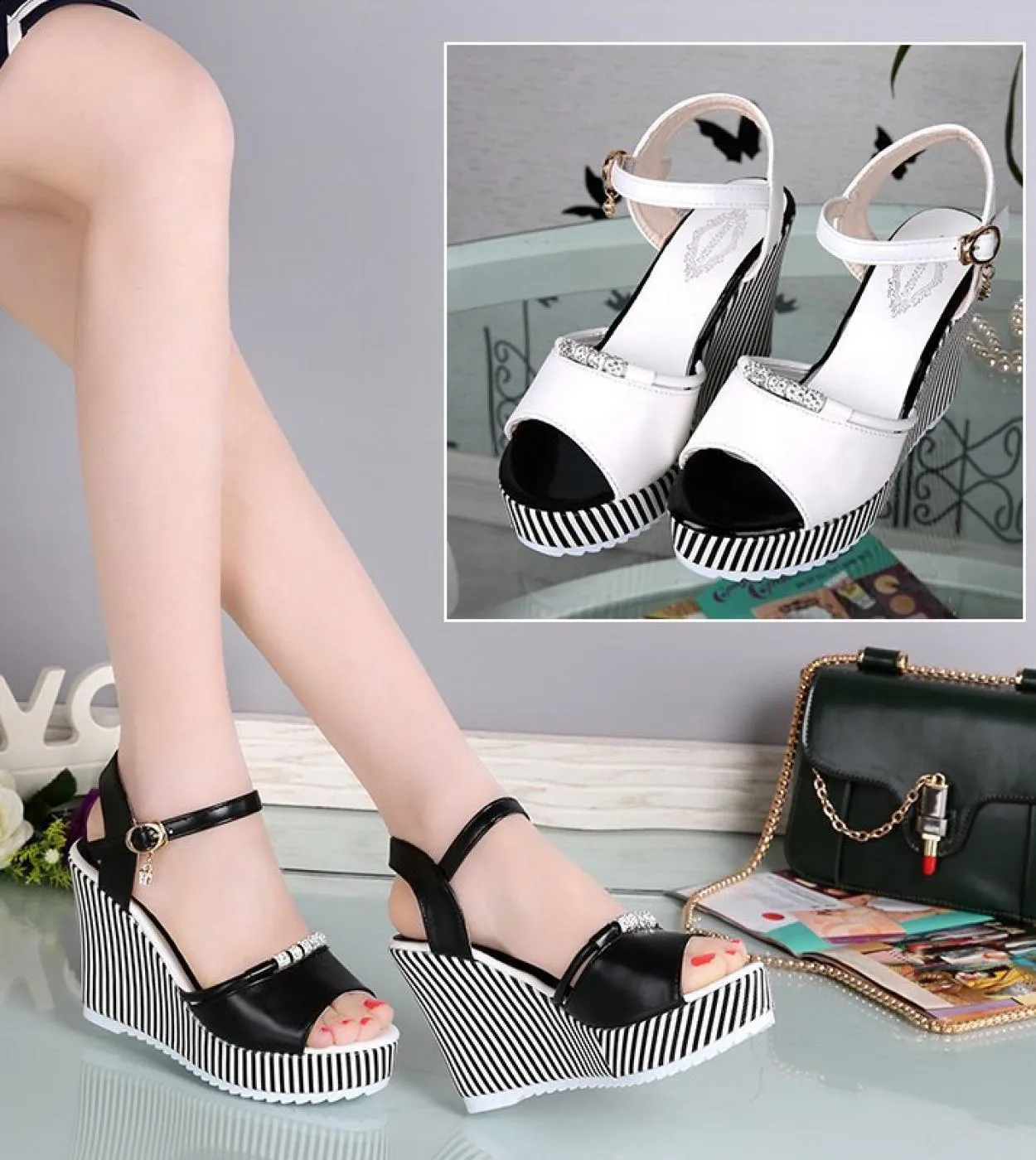 3540 Scarpe da donna con tacco alto e spesso Sandali con zeppa con plateau Abito estivo da donna Sandali con bocca di pesce Scar