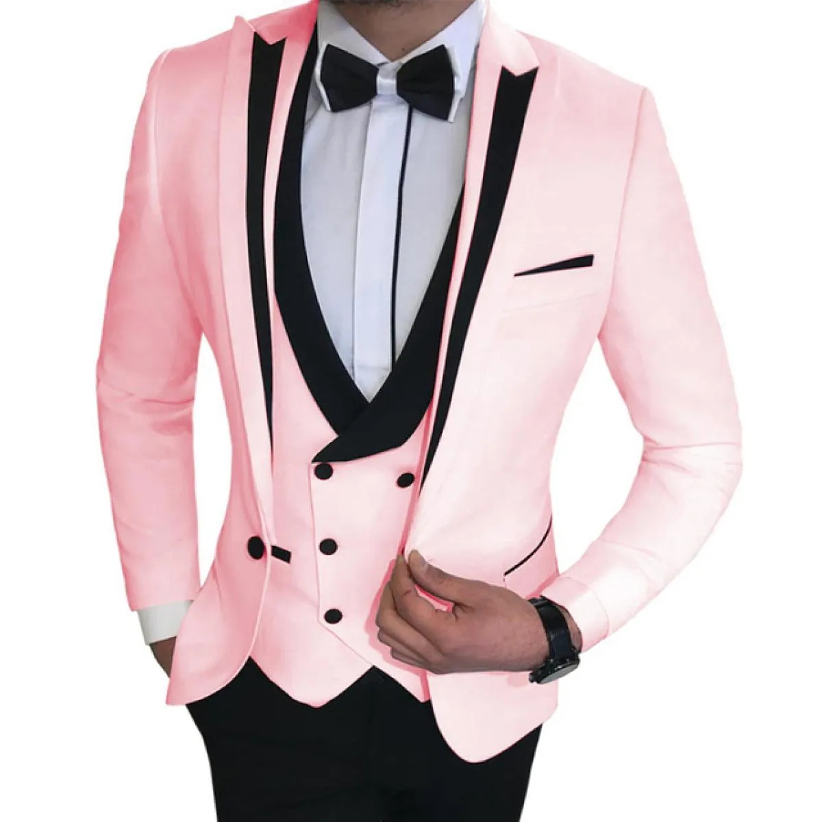 Abiti da uomo bianchi slim fit per lo sposo gilet doppiopetto in 3 pezzi giacca moda maschile con pantaloni neri smoking da spos