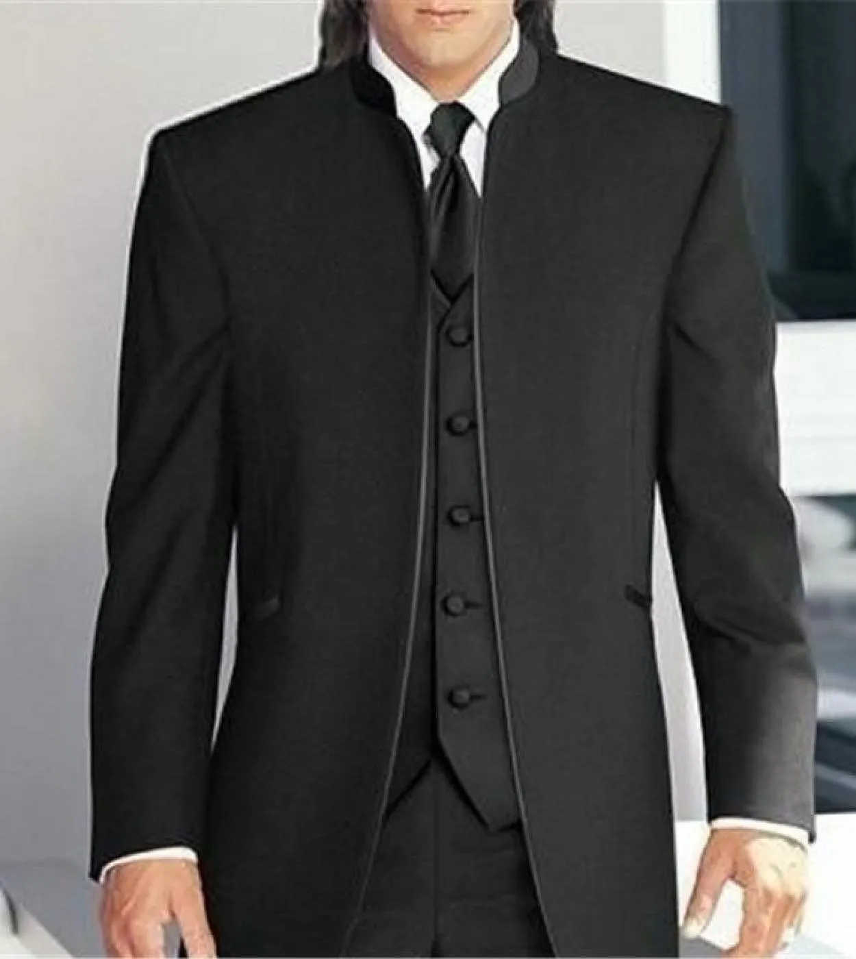 Abiti da uomo classici neri con colletto alla coreana 3 pezzi giacca  pantaloni  gilet  cravatta Smoking da sposo su misura
