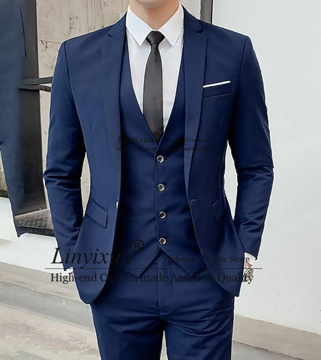 Abito blu scuro per uomo Blazer da lavoro Hombre Smoking da sposo da sposa Slim Fit Giornaliero Set da 3 pezzi Giacca Gilet Pant