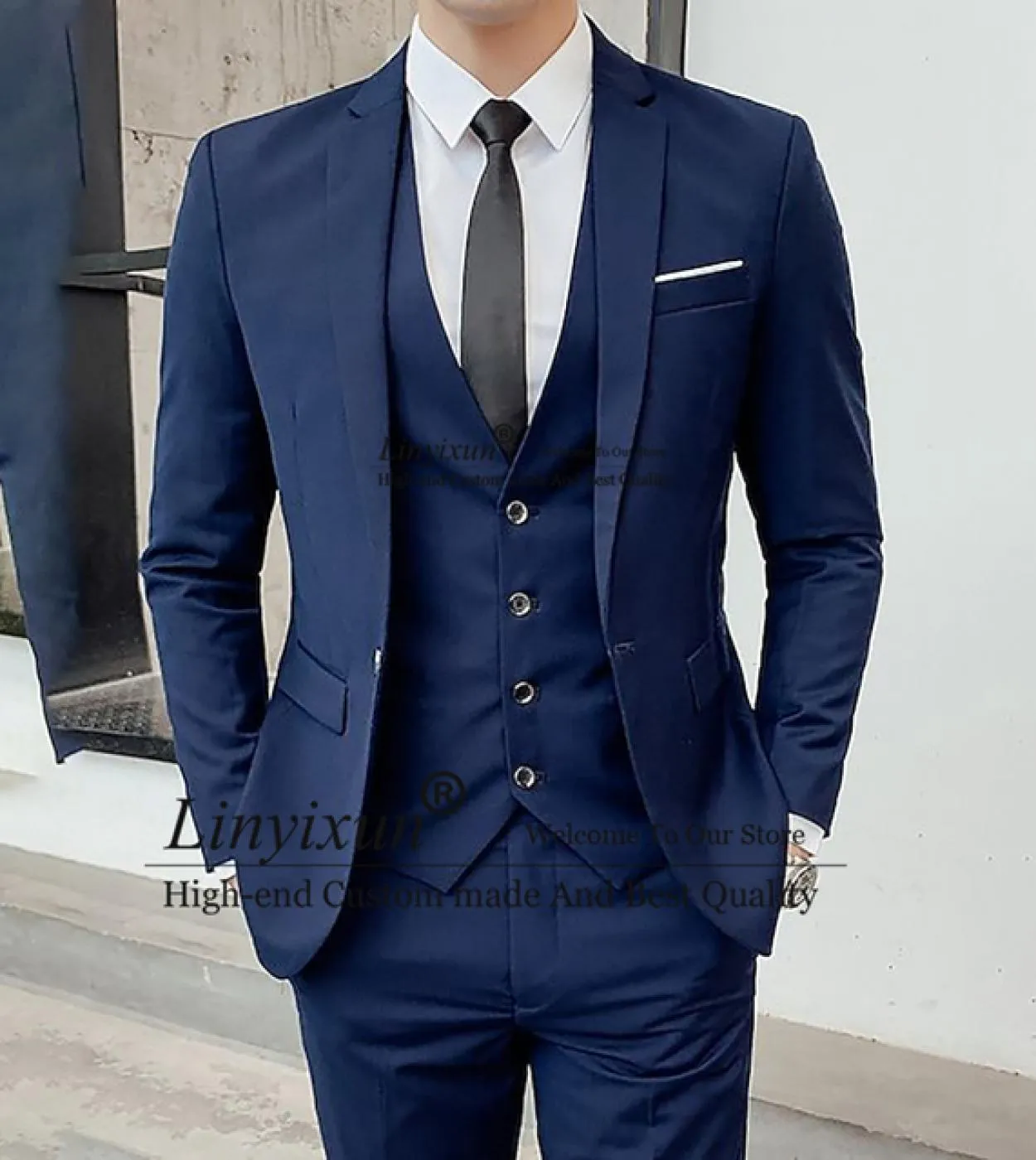 Abito blu scuro per uomo Blazer da lavoro Hombre Smoking da sposo da sposa Slim Fit Giornaliero Set da 3 pezzi Giacca Gilet Pant