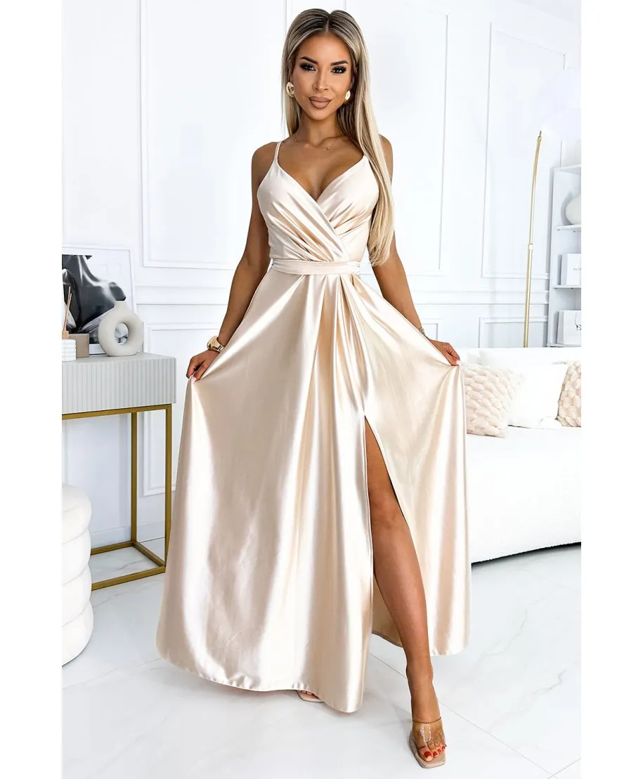 Abito elegante in raso - Spacco sulla gamba - Beige