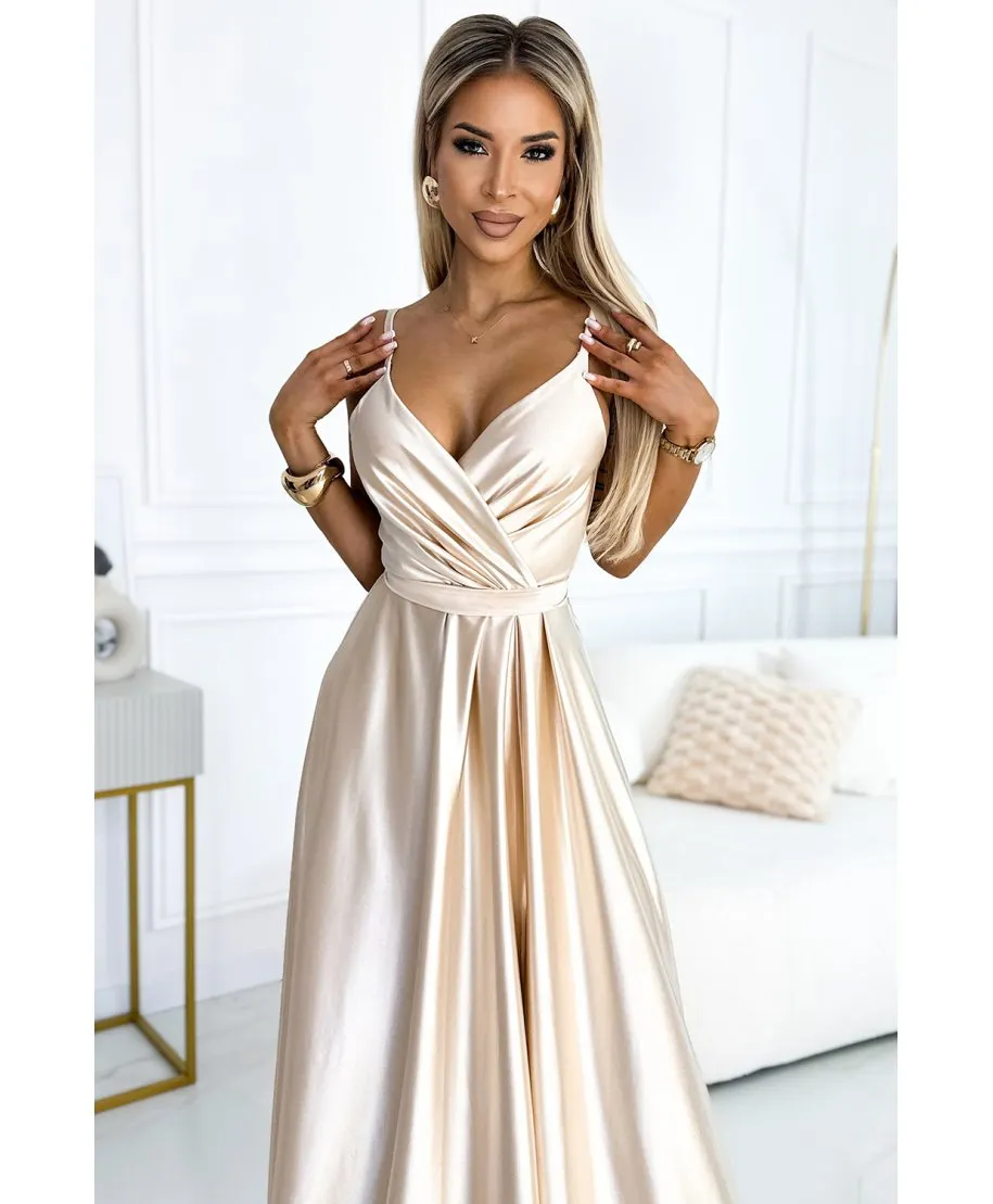 Abito elegante in raso - Spacco sulla gamba - Beige