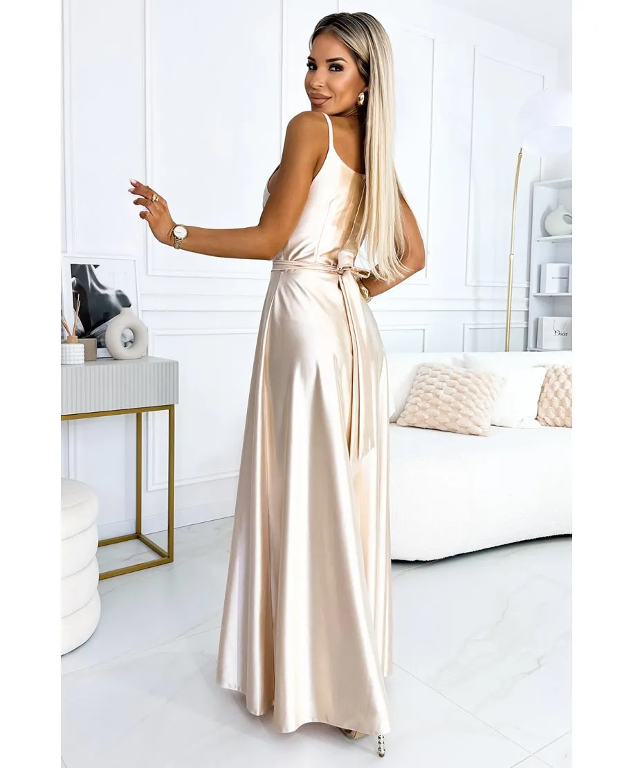 Abito elegante in raso - Spacco sulla gamba - Beige