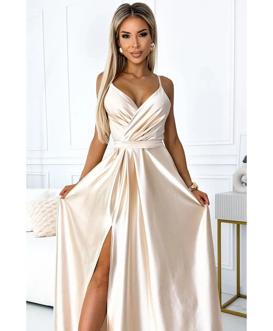 Abito elegante in raso - Spacco sulla gamba - Beige