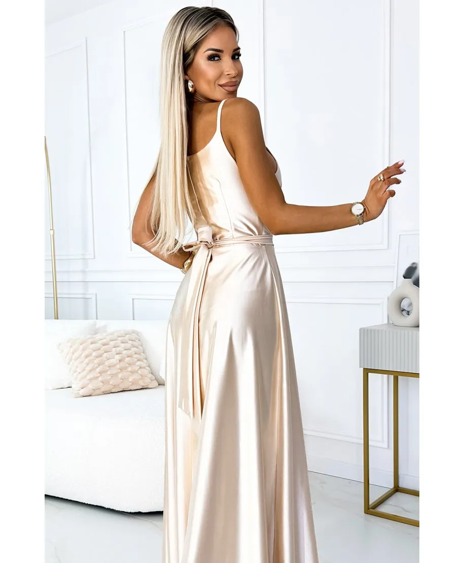 Abito elegante in raso - Spacco sulla gamba - Beige
