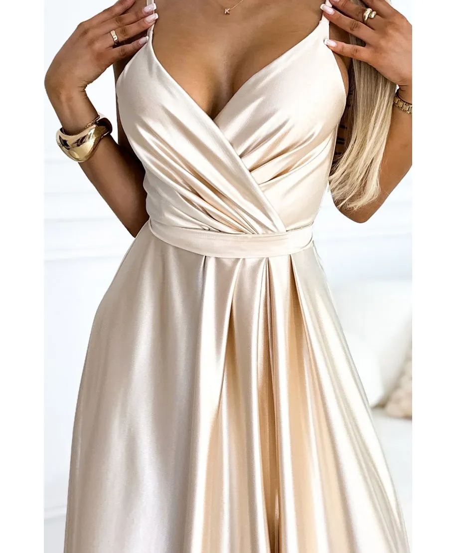 Abito elegante in raso - Spacco sulla gamba - Beige