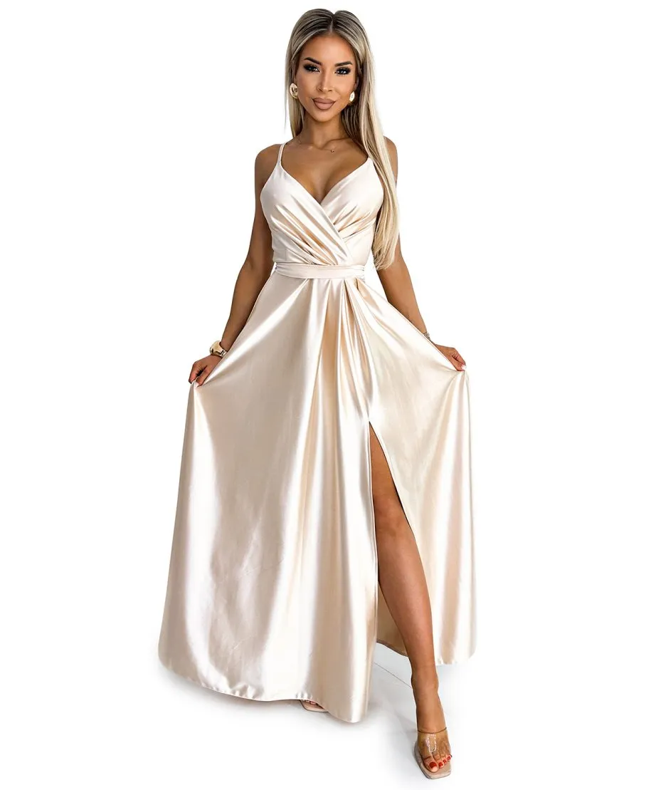 Abito elegante in raso - Spacco sulla gamba - Beige