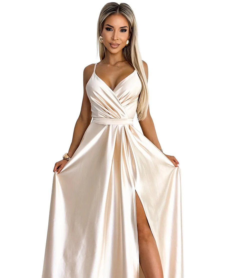 Abito elegante in raso - Spacco sulla gamba - Beige