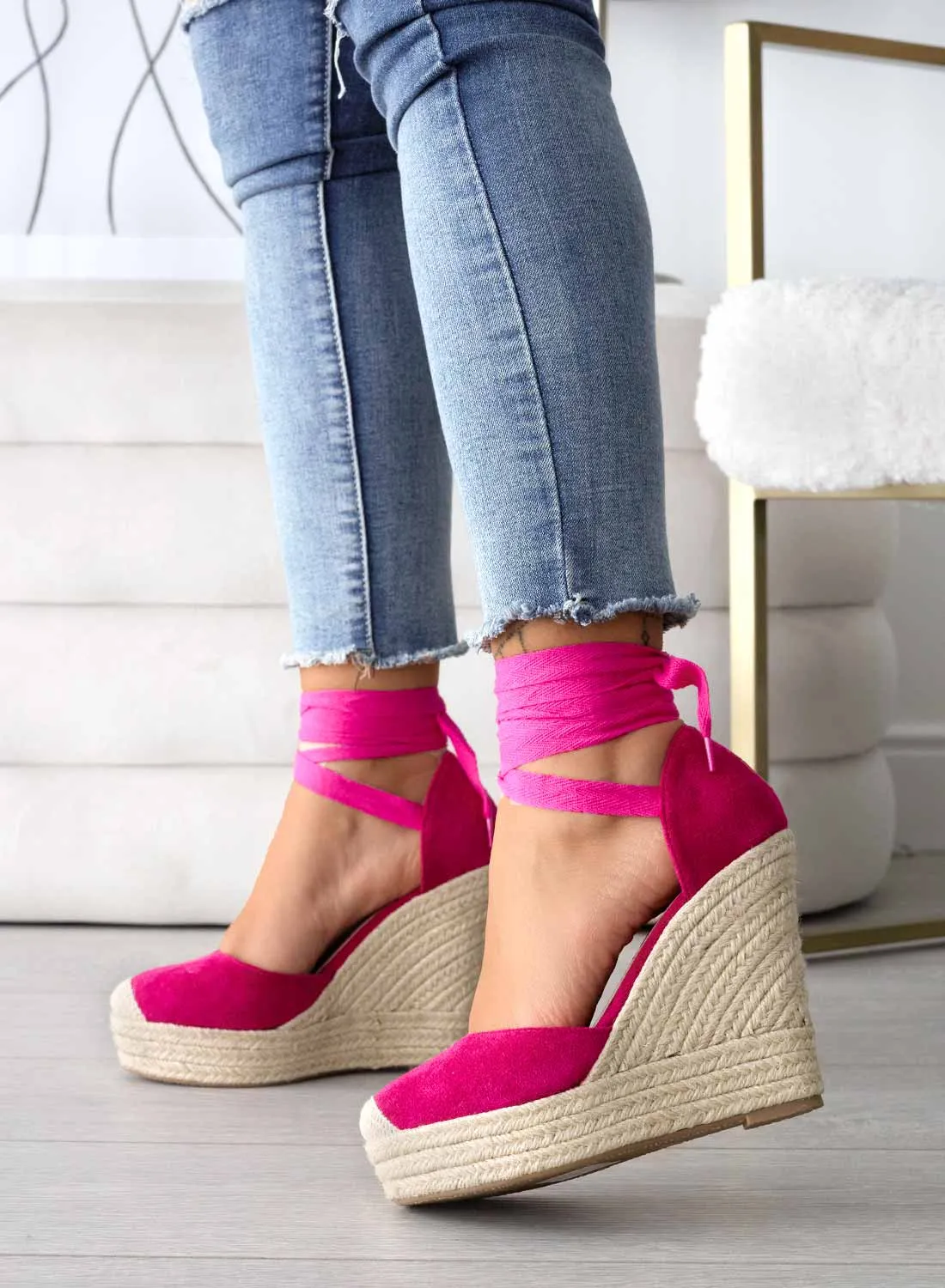 AMBRA - Espadrilles fuxia con zeppa in corda e laccio