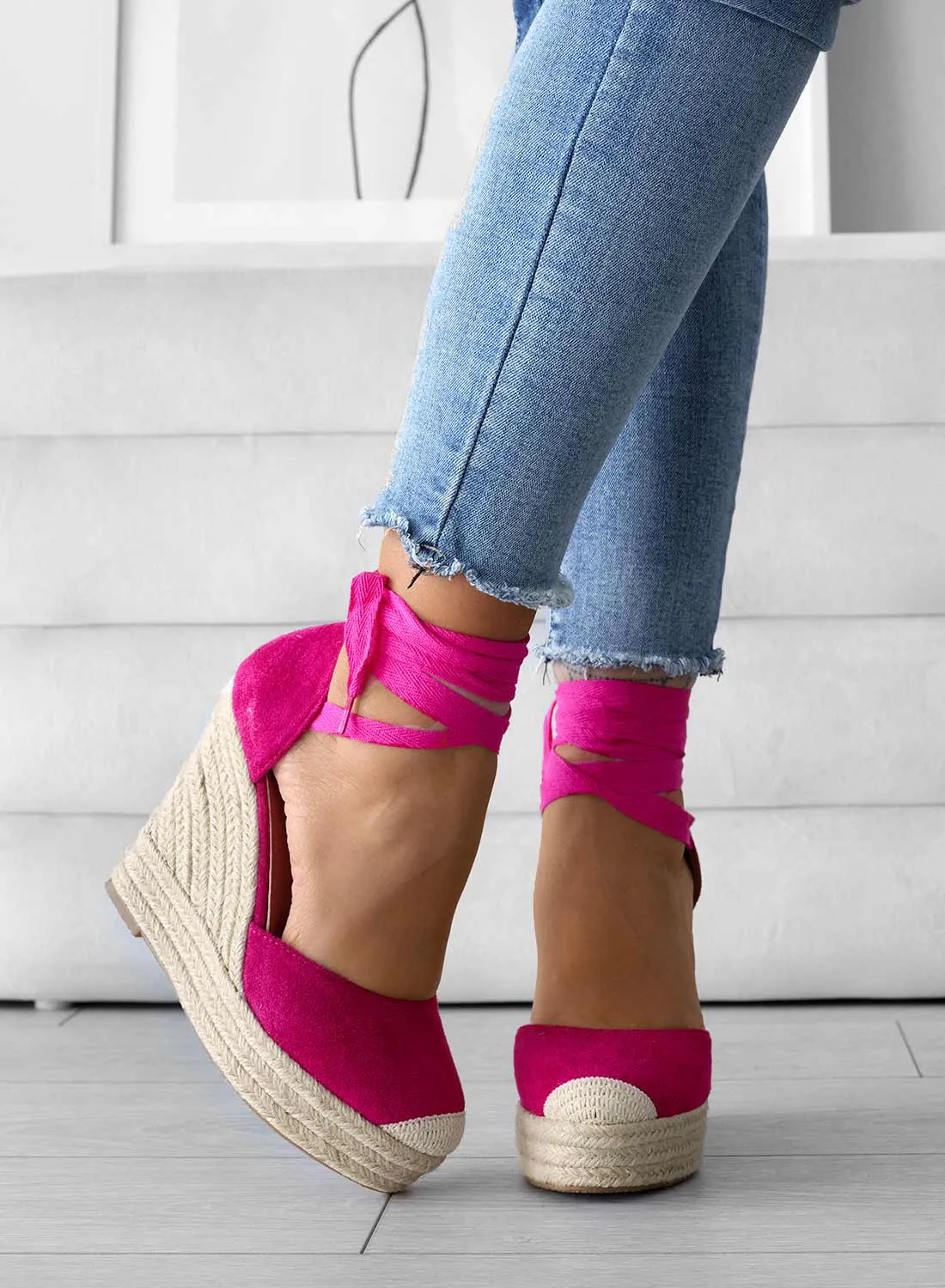 AMBRA - Espadrilles fuxia con zeppa in corda e laccio