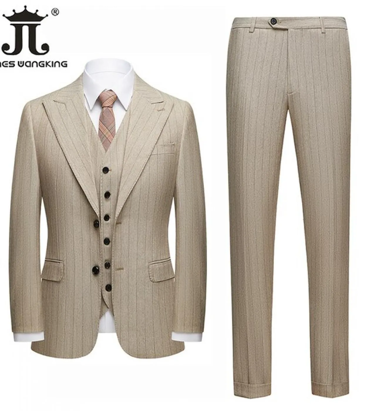 Blazer  Gilet  Pantaloni Kakhi Striped Business Casual Abito da uomo 3 pezzi Abito da sposa da sposo Social Formal Workwear
