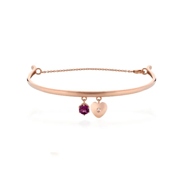 Bracciale semi rigido in oro rosa con rodolite e cuore con diamante