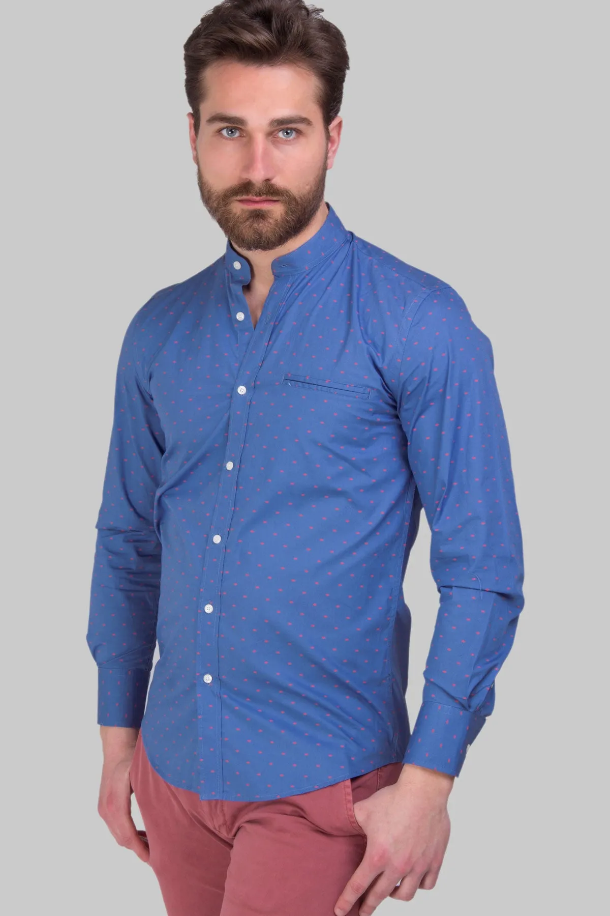 Camicia coreana in cotone con microfantasia