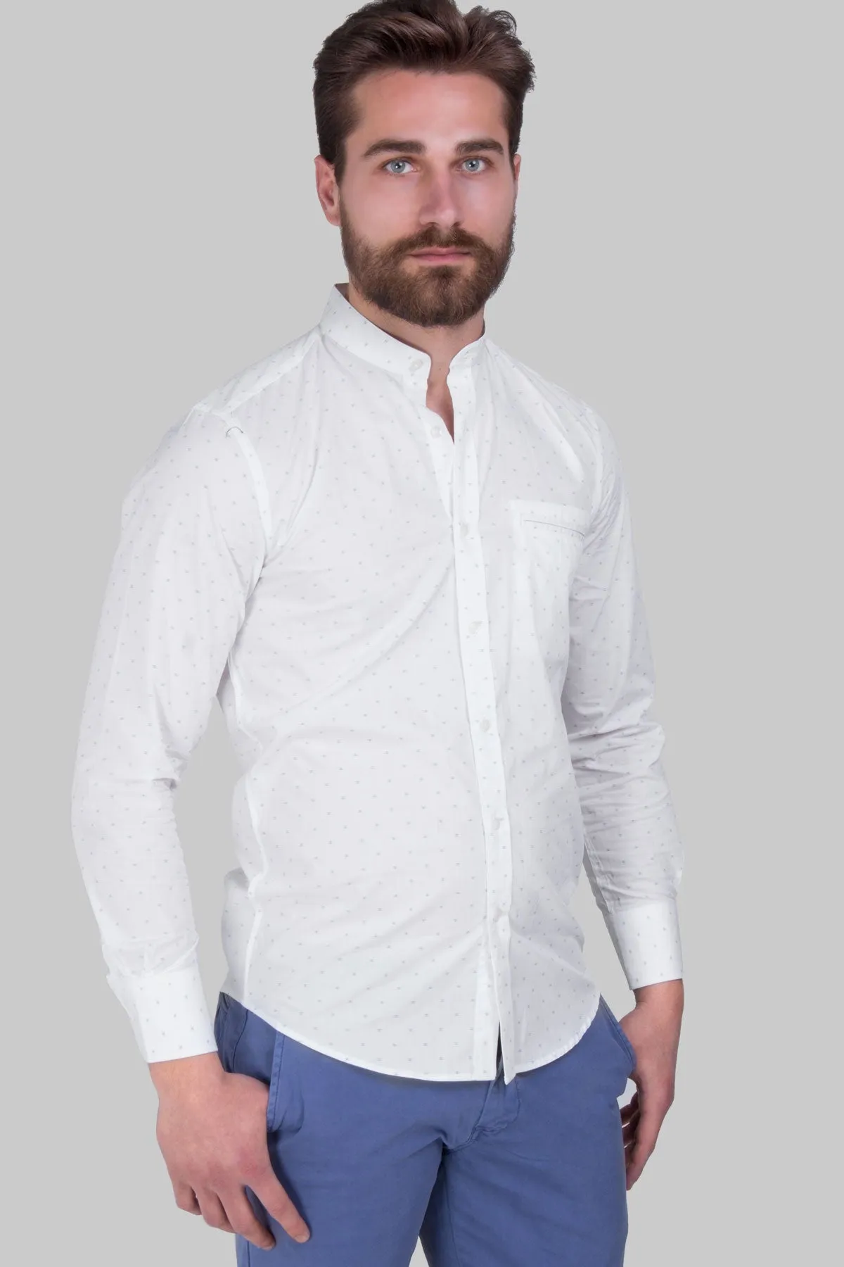 Camicia coreana in cotone con microfantasia
