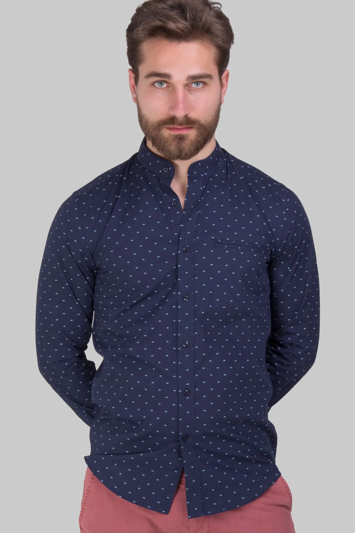 Camicia coreana in cotone con microfantasia