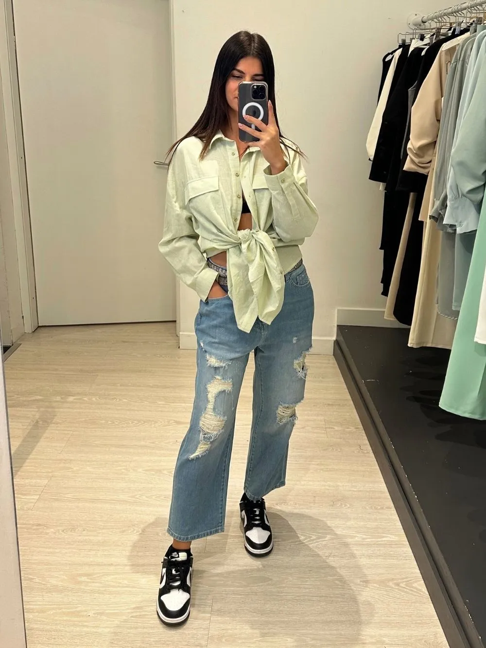 Camicia over lunga tasche righe