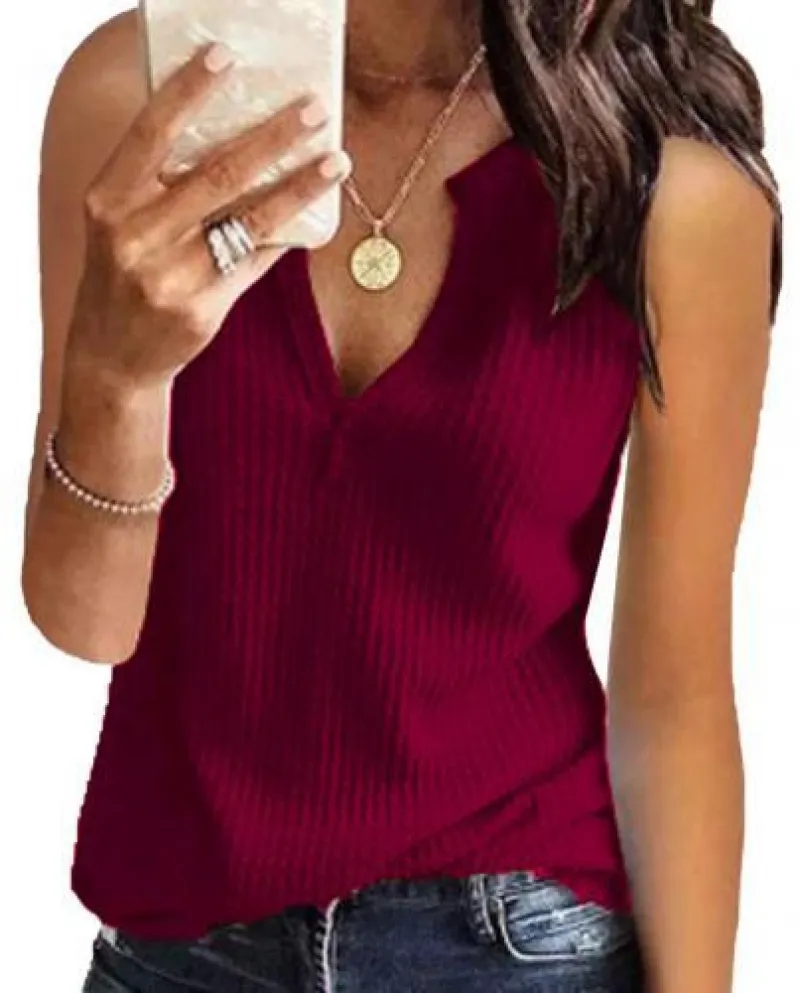 Canotta da donna estiva tinta unita con scollo a V senza maniche gilet lavorato a maglia Cro