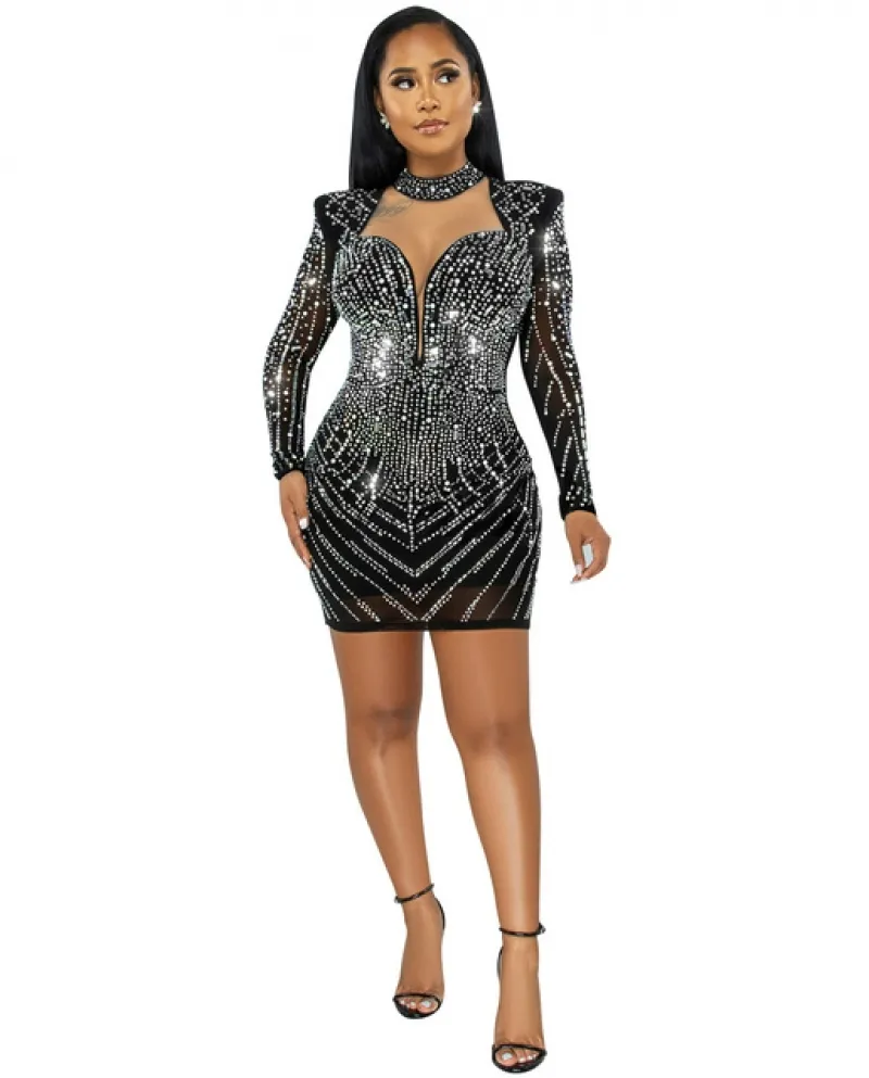 Cutuly Diamonds Abiti da festa Donna Scava fuori abito a maniche lunghe Maglia trasparente Night Clubwear Bodycon O Neck Gilet a