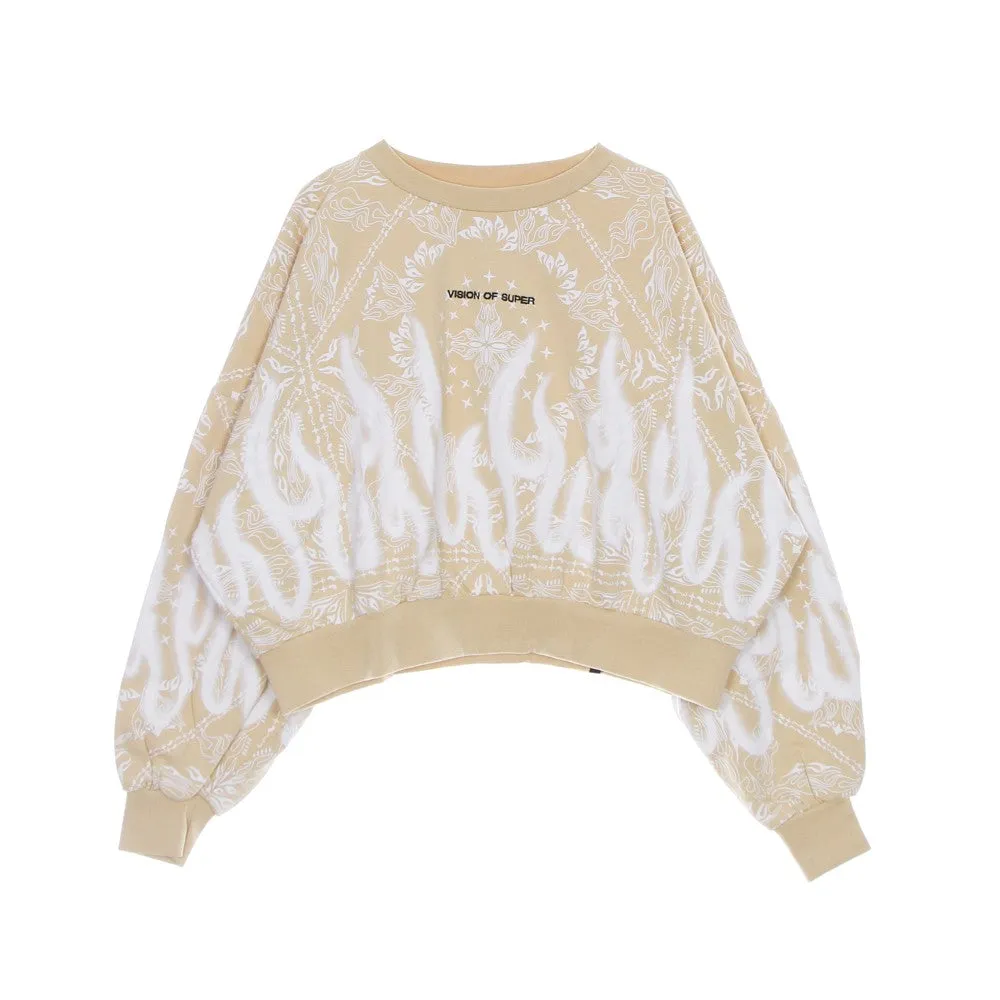 Felpa Leggera Girocollo Corta Donna Crop Bandana Print Beige
