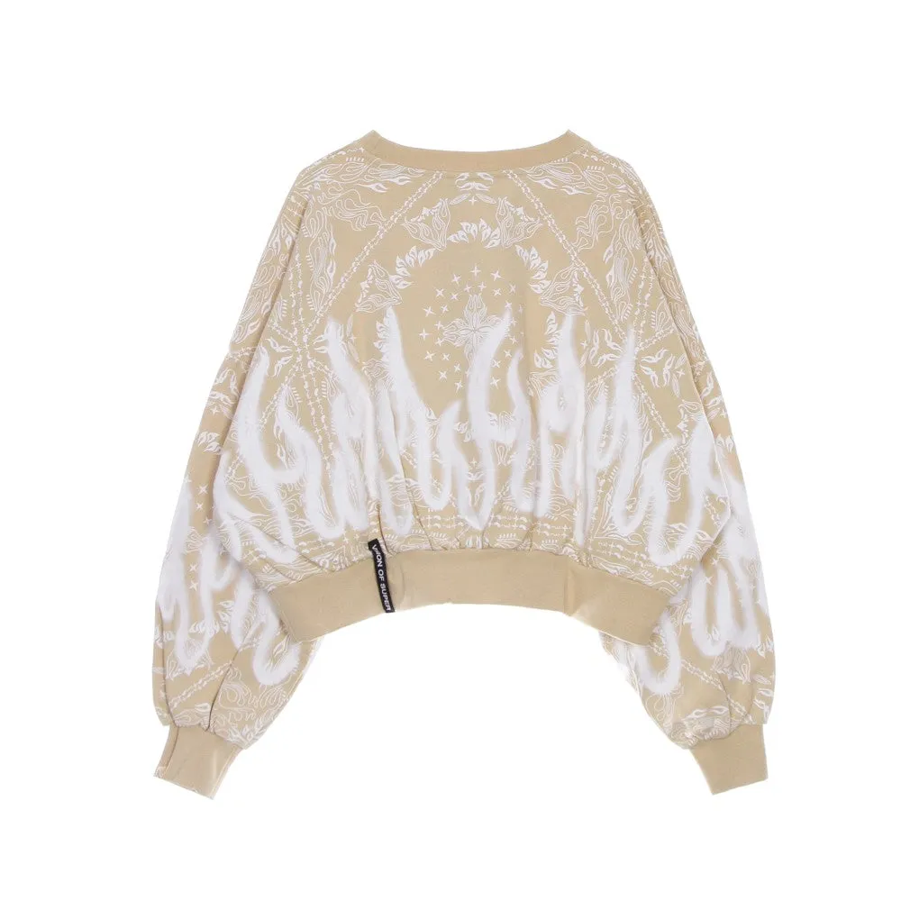 Felpa Leggera Girocollo Corta Donna Crop Bandana Print Beige