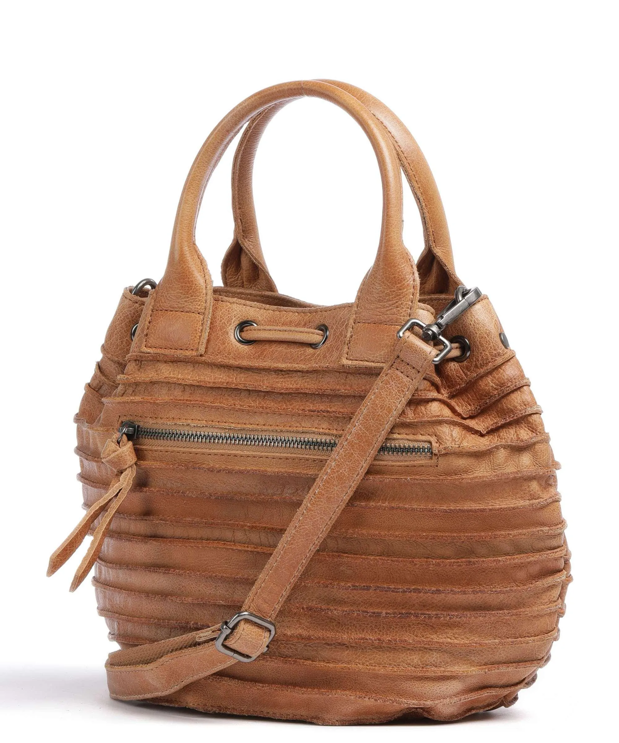  FredsBruder Little Fat Friend Riffel Borsa a secchiello pelle granulata marrone chiaro  