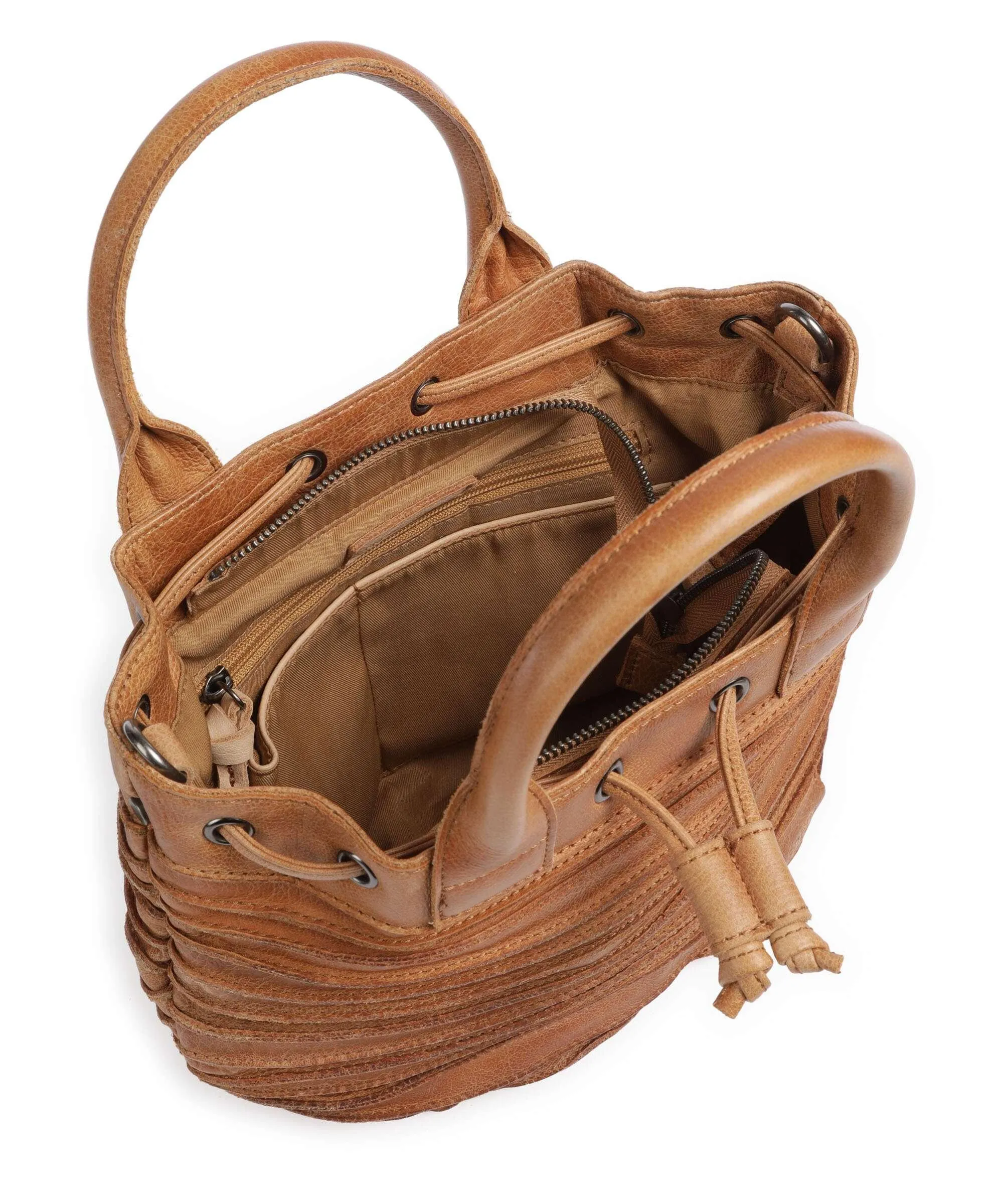 FredsBruder Little Fat Friend Riffel Borsa a secchiello pelle granulata marrone chiaro  
