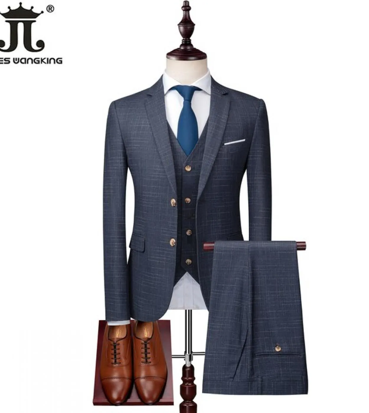 Giacca  Gilet  Pantaloni Fashion Boutique Dark Plaid Formal Business Mens Slim Suit 3 Pces Set Black Blue Groom Weddi