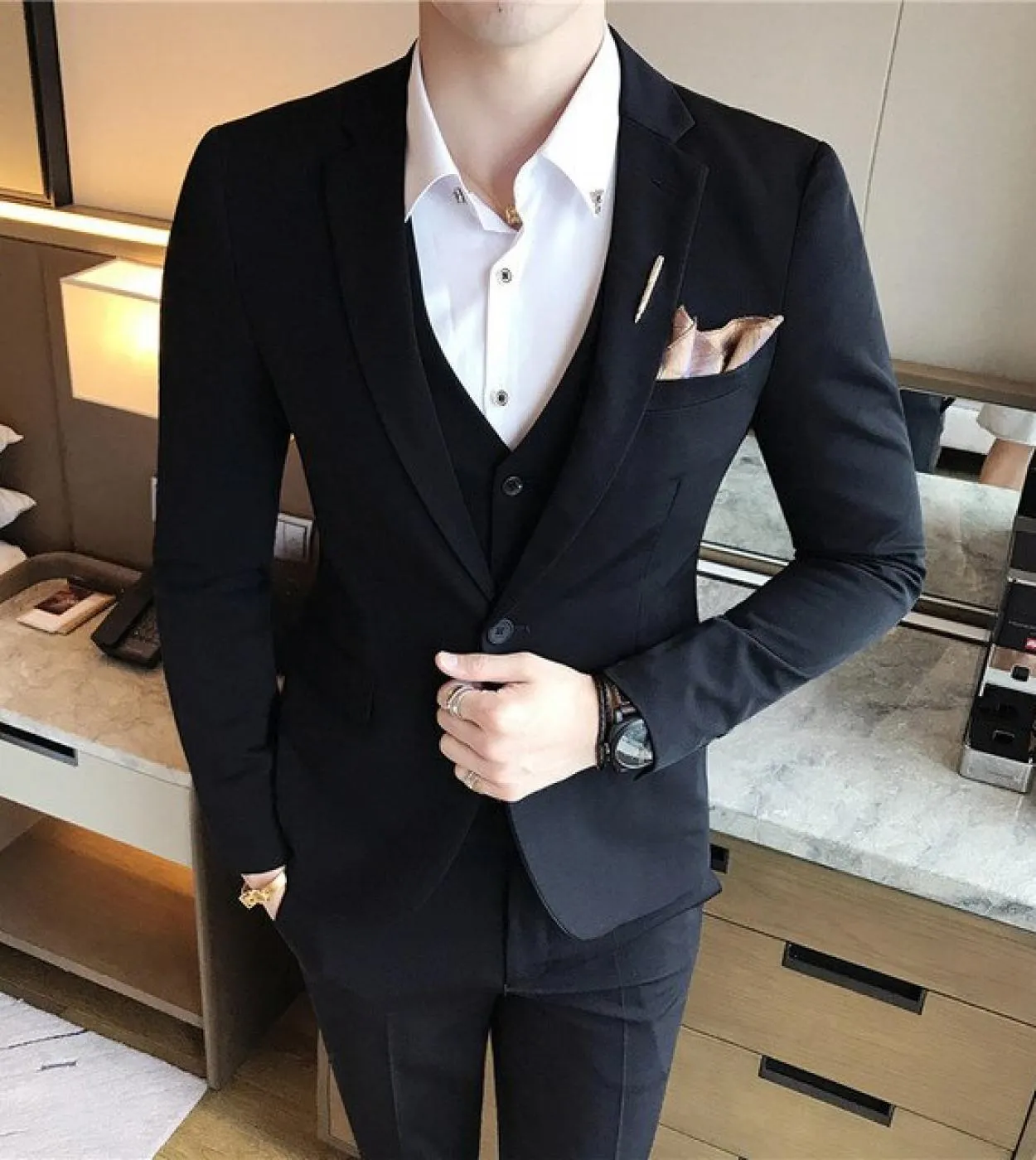 Giacca  Gilet  Pantaloni Left Rom Abito tinta unita Abito 3 pezzi Stile Abito da uomo Slim Abito da sposa Prom Tuxedo