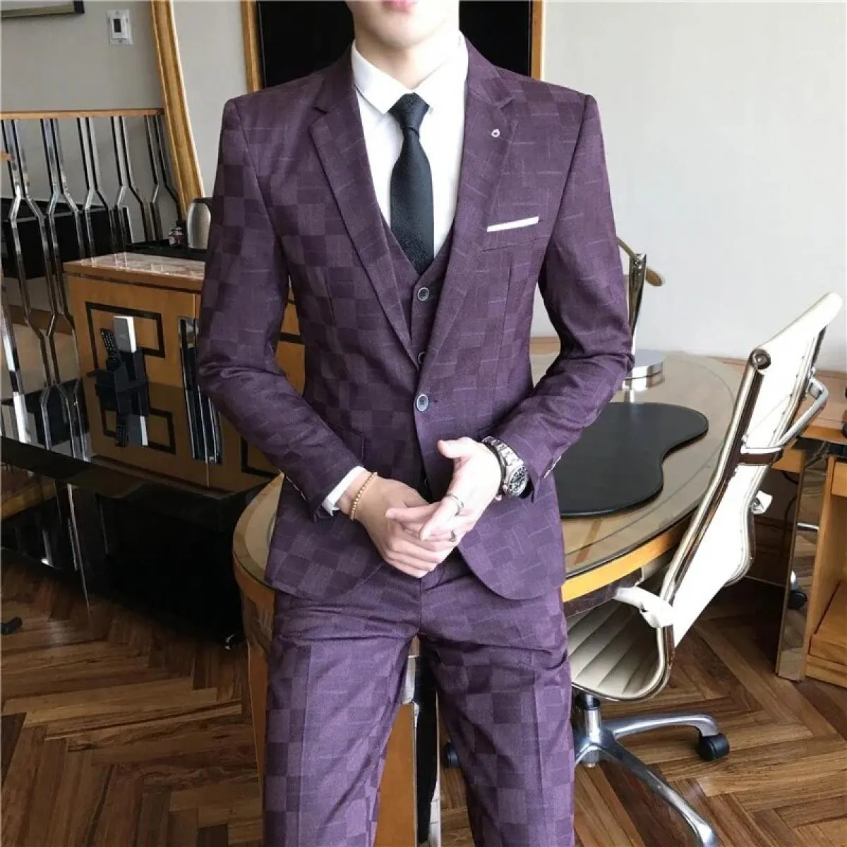 Giacca Pantaloni Gilet Uomo 3 Pezzi Slim Pantaloni da Abito Casual Set Maschile Abito da Sposo da Sposa Blazer da Lavoro Pantalo