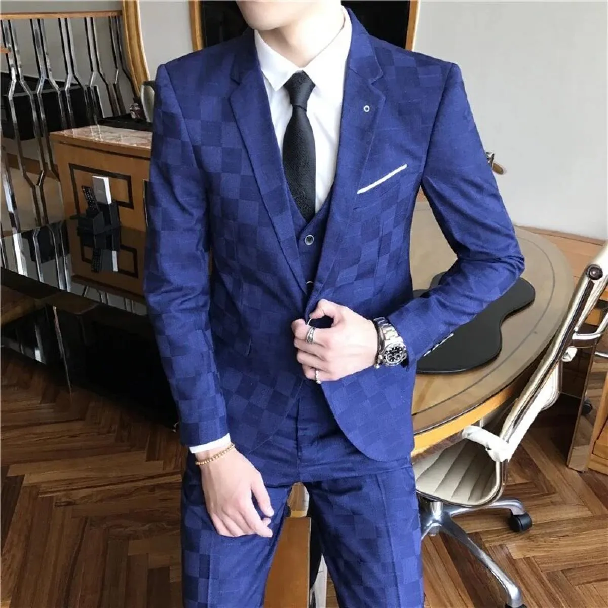 Giacca Pantaloni Gilet Uomo 3 Pezzi Slim Pantaloni da Abito Casual Set Maschile Abito da Sposo da Sposa Blazer da Lavoro Pantalo