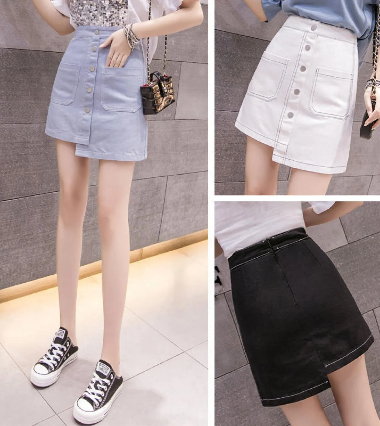 Gonna di jeans Donna Primavera ed estate Nuova moda Gonna a trapezio Vita alta Slim Gonna corta irregolare avvolgente