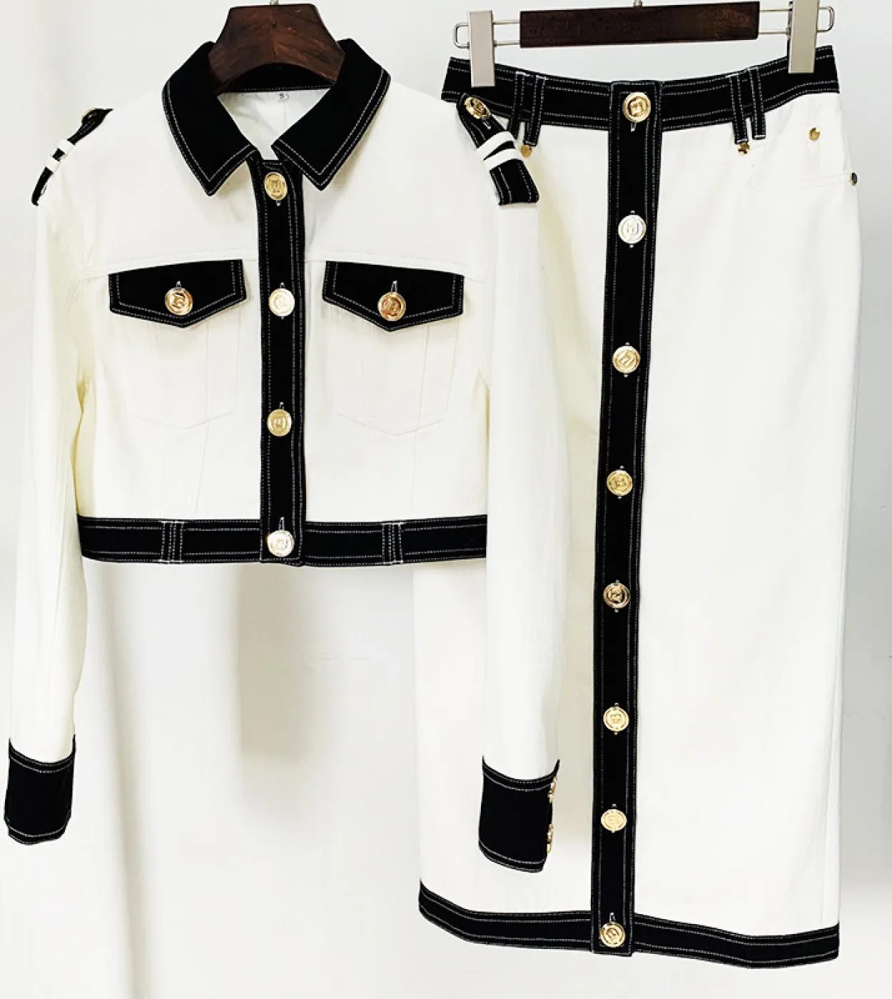 Gonna giacca adatta a due pezzi Set 2022 Fashion New White Black Colour Matching Giacca corta in denim Gonna lunga Suit Two Pi