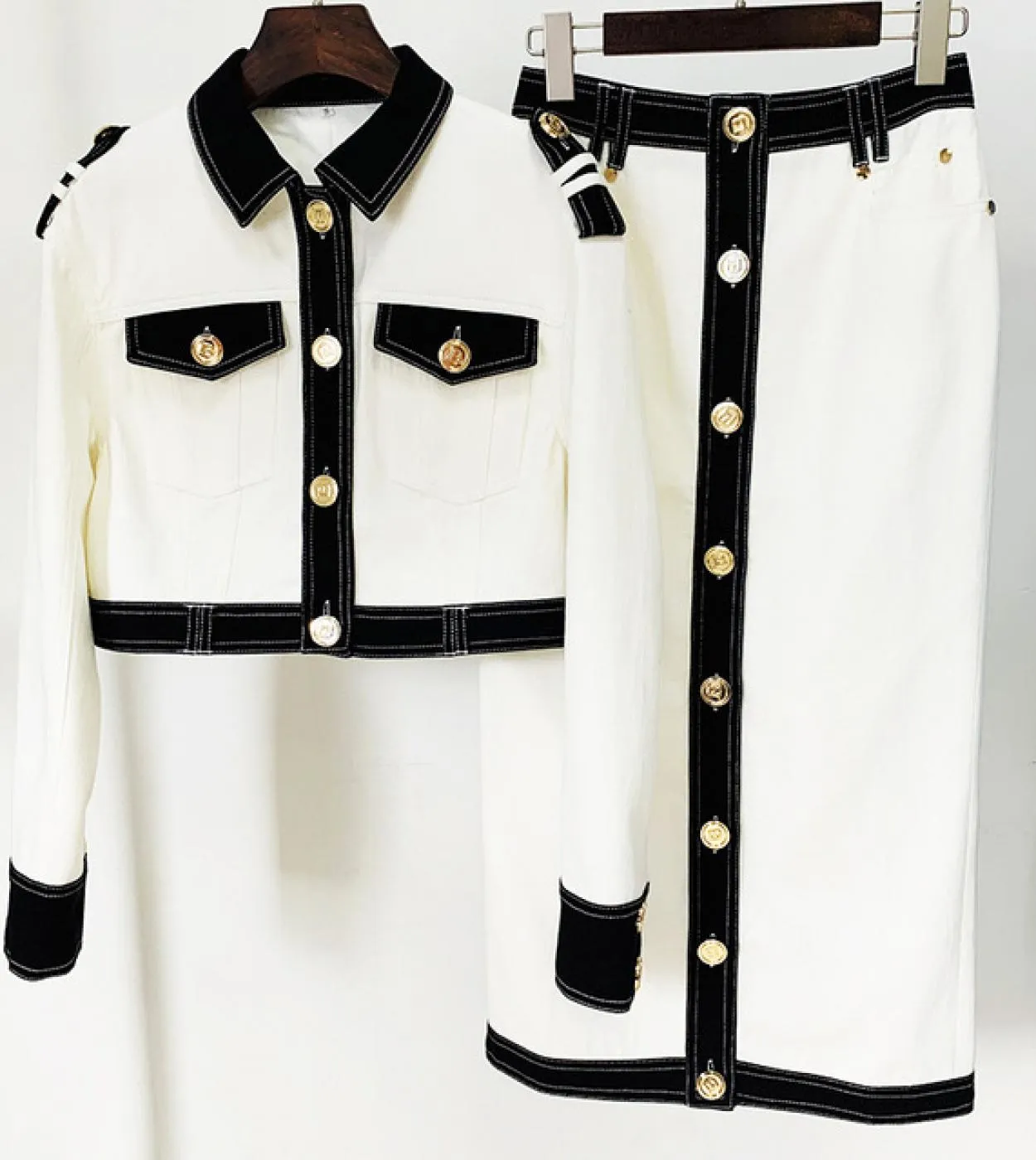 Gonna giacca adatta a due pezzi Set 2022 Fashion New White Black Colour Matching Giacca corta in denim Gonna lunga Suit Two Pi
