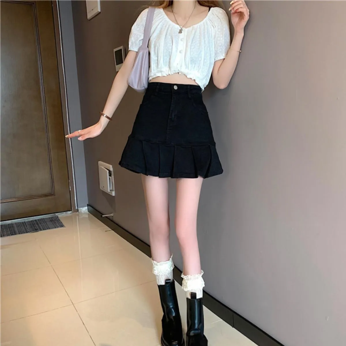 Gonne Gonna donna Ulzzang nera Gonna moda Ulzzang a vita alta Gonne