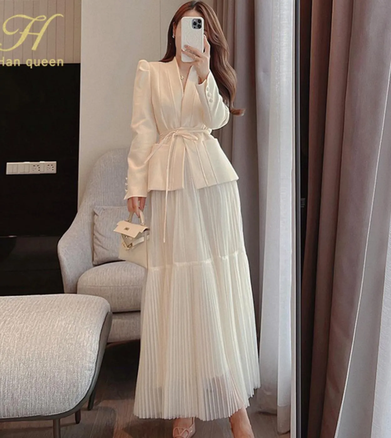 H Han Queen autunno nuovo abito gonna donna elegante allacciatura moda blazer gonna lunga in rete abito da sera casual set da 2