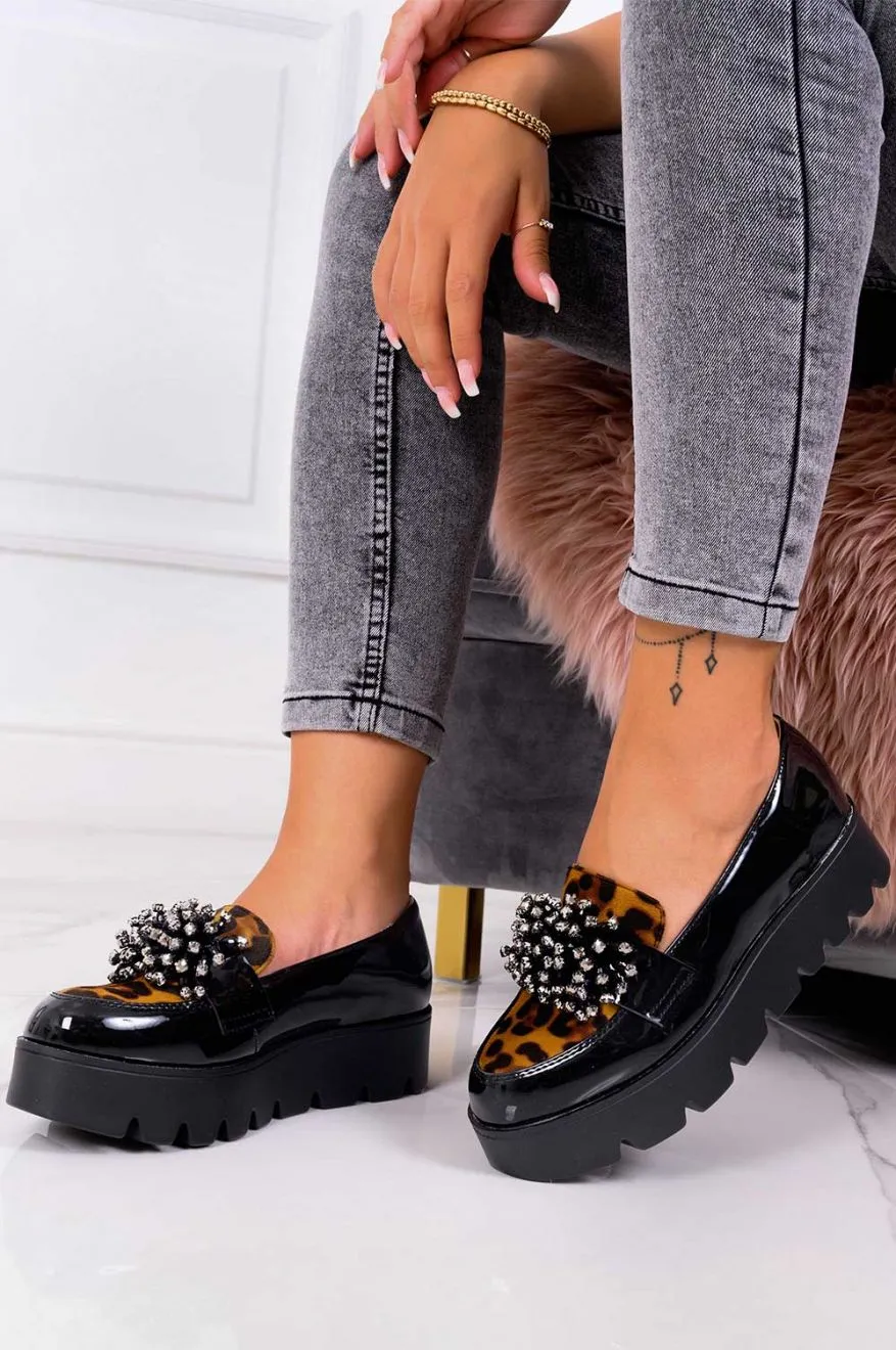 JESSY - Francesine nere in vernice con inserti maculati e strass