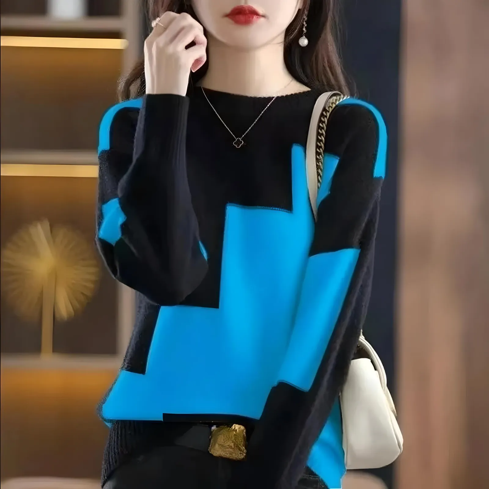 Maglione Pullover Donna Manica Lunga Girocollo Fantasia Bicolore