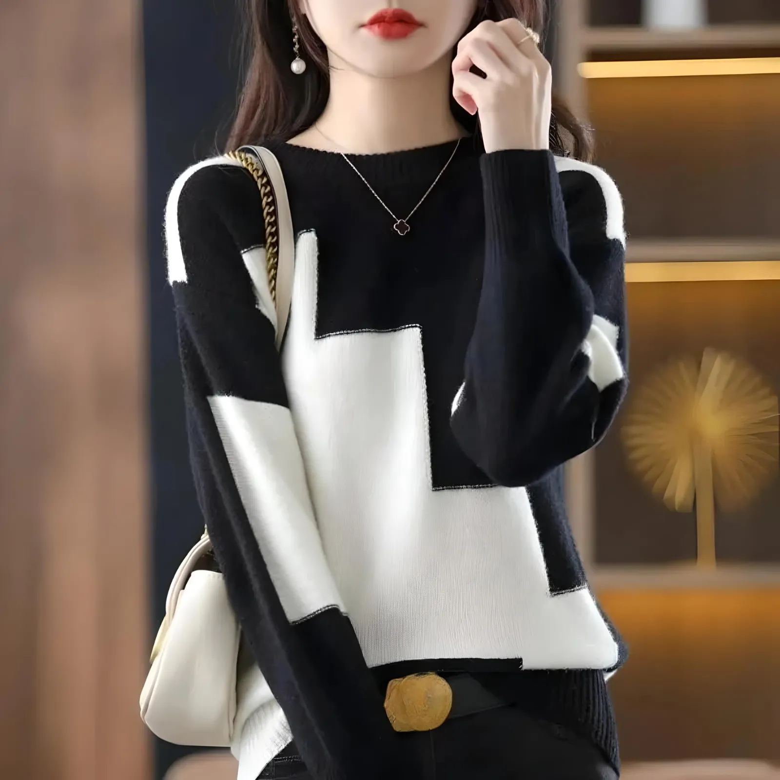 Maglione Pullover Donna Manica Lunga Girocollo Fantasia Bicolore