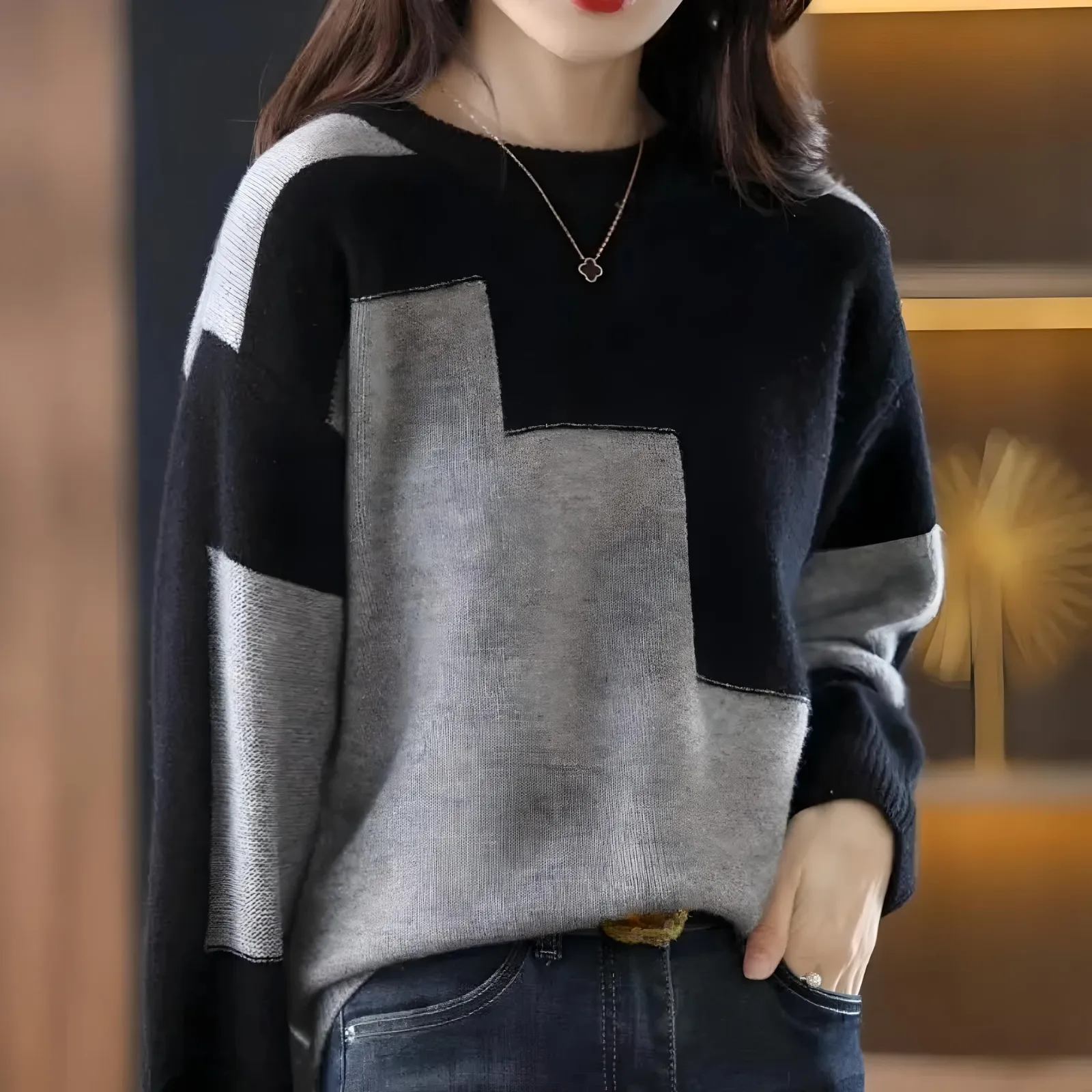 Maglione Pullover Donna Manica Lunga Girocollo Fantasia Bicolore